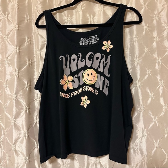Volcom Black “To The Bank Tank” Top Black Organic Cotton Smiley Flowers - Picture 2 of 9